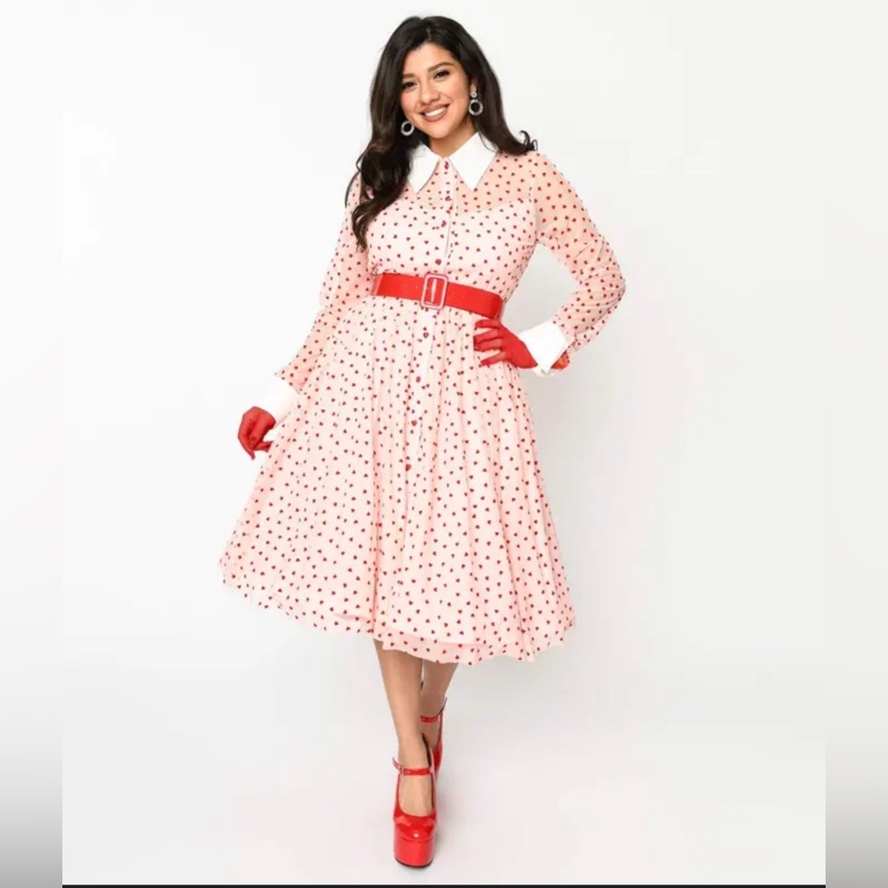 NWT Pink Heart Polka Dot Fit-and-Flare Dress